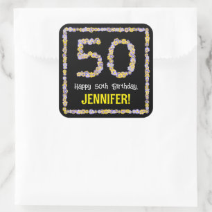 50e verjaardag: Floral Flowers Number, Custom Name Vierkante Sticker