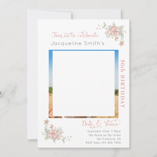 50e verjaardag Floral fotouitnodiging Kaart (Voorkant)
