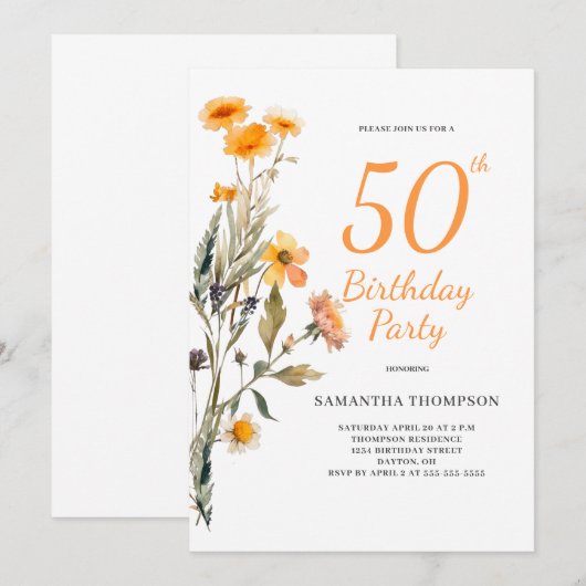 50e verjaardag Floral Wildflower Uitnodiging (Voorkant / Achterkant)