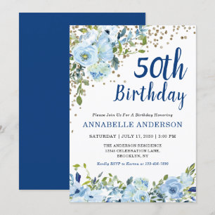 50e verjaardag Florale marineblauw goudglitter-Sti Kaart