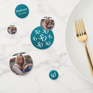 50e Verjaardag Foto Blauwgroen Glitter Table Confe Confetti