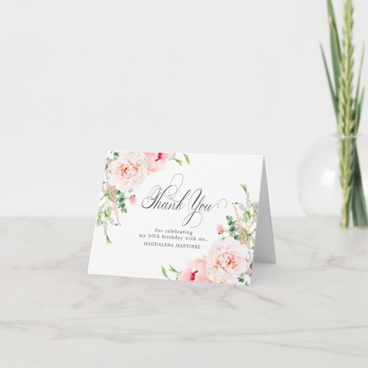 50e verjaardag Foto Blush Roze Bloemen Gevouwen Bedankkaart (Voorkant)