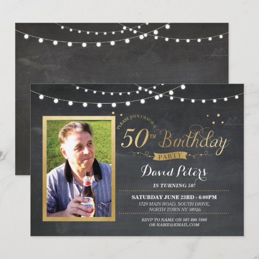 50e verjaardag Foto Chalk Rustic Gold Invitation Kaart (Voorkant / Achterkant)