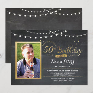 50e verjaardag Foto Chalk Rustic Gold Invitation Kaart