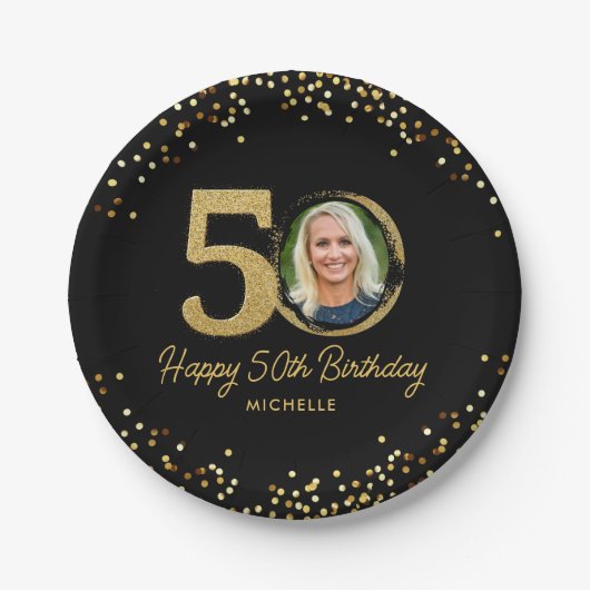 50e Verjaardag Foto Chic Zwart Goud Glitter Custom Papieren Bordje (Voorkant)