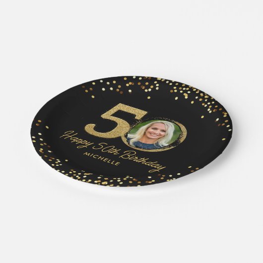 50e Verjaardag Foto Chic Zwart Goud Glitter Custom Papieren Bordje (Gekanteld)