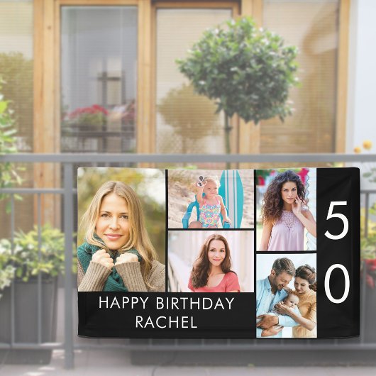 50e verjaardag Foto Collage 5 Afbeelding Zwart wit Spandoek