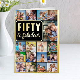 50e verjaardag Foto Collage Black en Gold Folie Wenskaart
