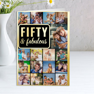 50e verjaardag Foto Collage Black en Gold Folie Wenskaart