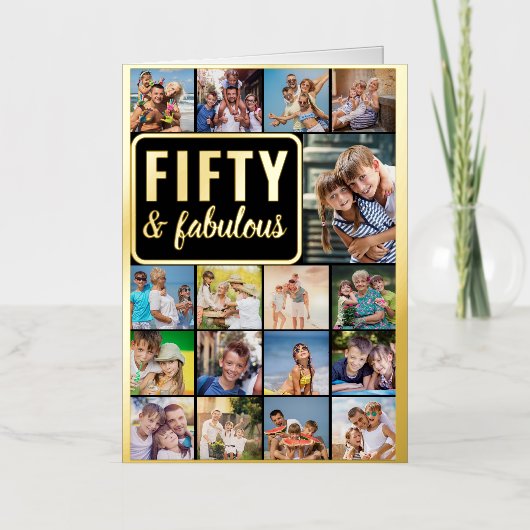 50e verjaardag Foto Collage Black en Gold Folie Wenskaart (Voorkant)