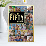 50e verjaardag Foto Collage Cheers tot 50 jaar Folie Wenskaart<br><div class="desc">Zeg Cheers tot vijftig jaar met een luxe gouden folie 50e verjaardag Fotokaart met aangepaste afbeeldingen en persoonlijke verjaardagsgroet binnenin. Het fotomalplaatje is opstelling om een koele fotocollage met 17 van uw favoriete foto's te creëer, die als 16 vierkant en 1 verticale portretfoto's worden getoond. Als u om het even...</div>