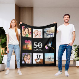 50e verjaardag foto collage zwart fleece deken