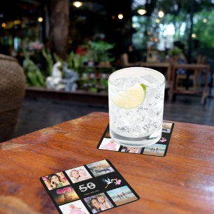 50e verjaardag foto collage zwart kartonnen onderzetters