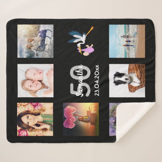50e verjaardag foto collage zwart sherpa deken (Voorkant (horizontaal))