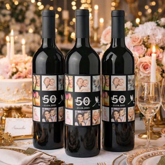 50e verjaardag foto collage zwart wijn etiket