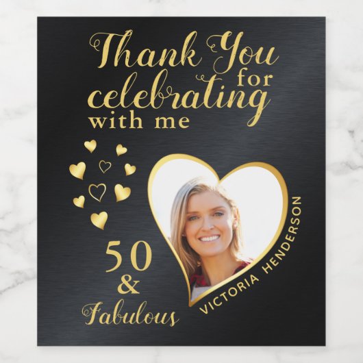 50e verjaardag foto Dank u zwart en goud Wijn Etiket (Enkel label)