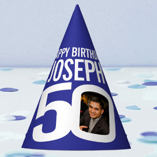 50e verjaardag foto gepersonaliseerd wit blauw feesthoedjes