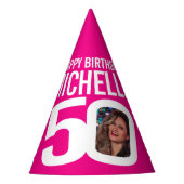 50e verjaardag foto gepersonaliseerd wit heet roze feesthoedjes (Voorkant)