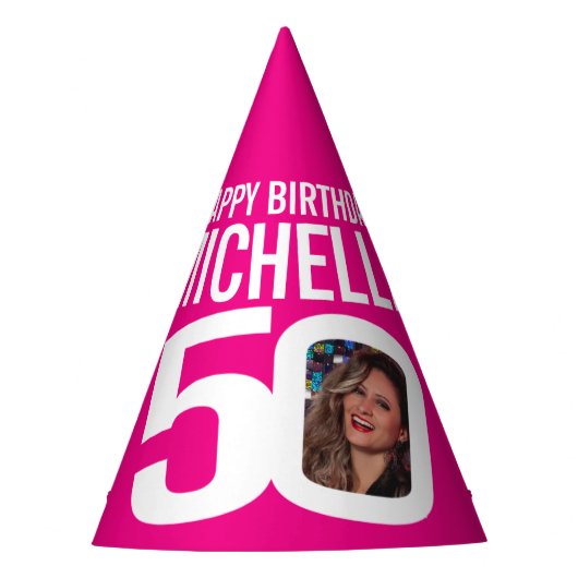 50e verjaardag foto gepersonaliseerd wit heet roze feesthoedjes (Voorkant)