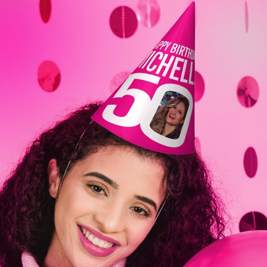 50e verjaardag foto gepersonaliseerd wit heet roze feesthoedjes