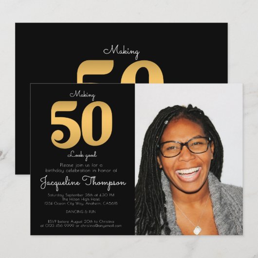 50e verjaardag Foto Gold Invitation Kaart (Voorkant / Achterkant)