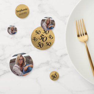 50e Verjaardag Foto Gouden Glitter Tabel Confetti