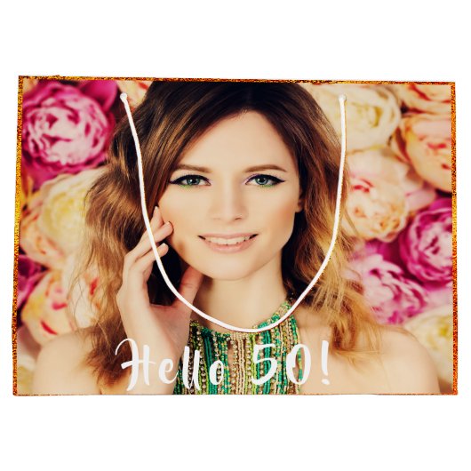 50e verjaardag foto hallo 50 goud groot cadeauzakje (Achterkant)