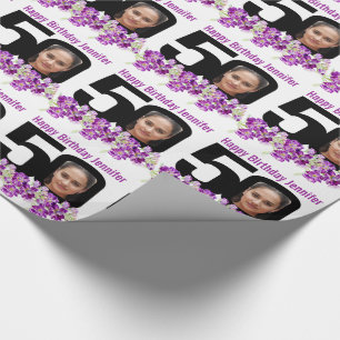 50e Verjaardag foto leuk mono en paarse bloemen Cadeaupapier