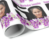 50e Verjaardag foto leuk mono en paarse bloemen Cadeaupapier (Rol Hoek)