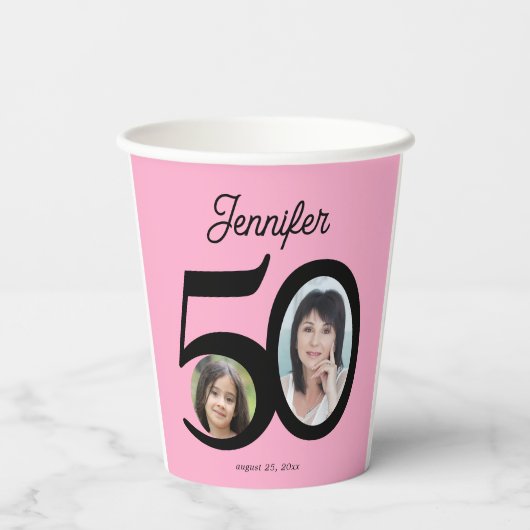 50e verjaardag foto naam gepersonaliseerd roze papieren bekers (Achterkant)