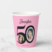 50e verjaardag foto naam gepersonaliseerd roze papieren bekers (Voorkant)