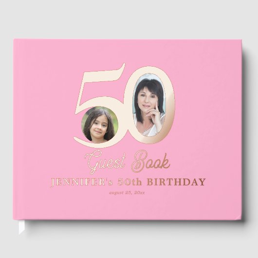 50e verjaardag foto naam roze roos goud gastenboek (Voorkant)