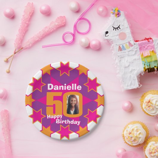 50e verjaardag foto naam roze sterrenpapier bord (Feest)