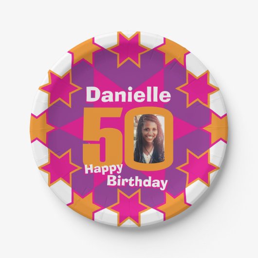 50e verjaardag foto naam roze sterrenpapier bord (Voorkant)