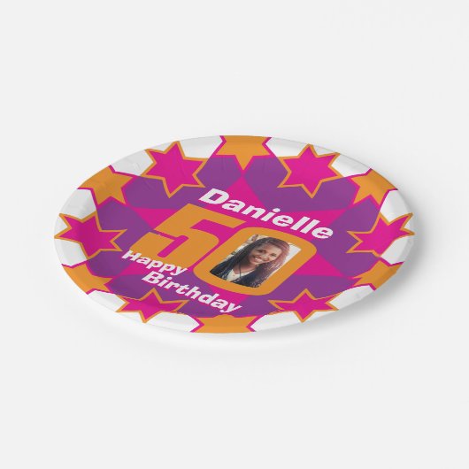 50e verjaardag foto naam roze sterrenpapier bord (Gekanteld)