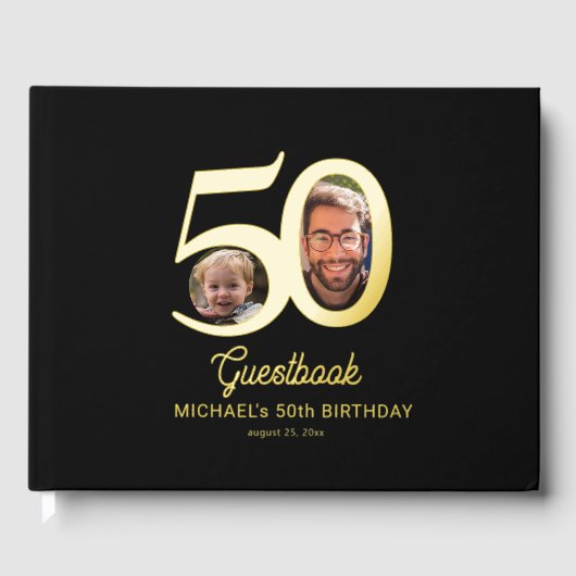 50e verjaardag foto naam zwart goud gastenboek (Voorkant)