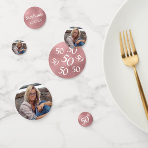 50e Verjaardag Foto Roos Gouden Folie Tafel Confet Confetti