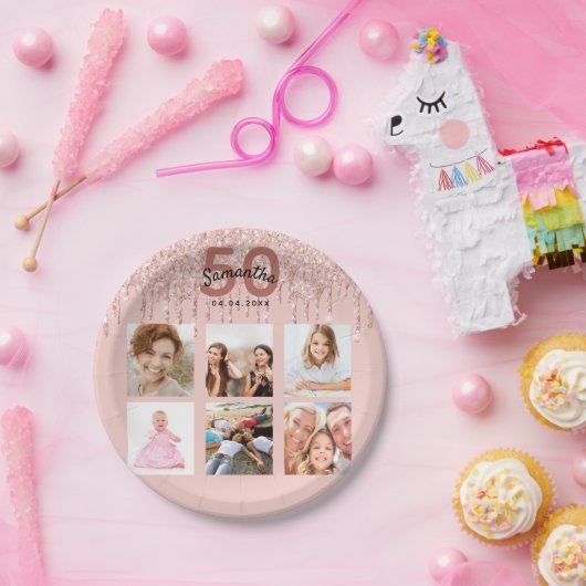 50e verjaardag foto roos gouden roze druppels papieren bordje (Feest)
