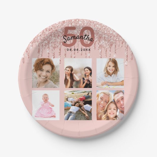 50e verjaardag foto roos gouden roze druppels papieren bordje (Voorkant)