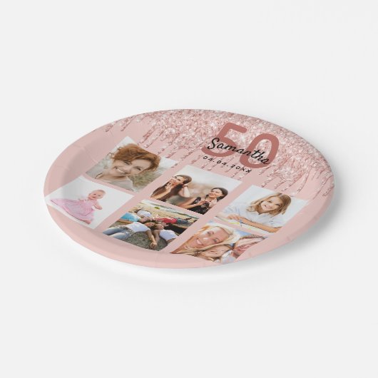50e verjaardag foto roos gouden roze druppels papieren bordje (Gekanteld)