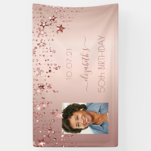 50e verjaardag foto roos gouden roze glittersterre spandoek (Verticaal)