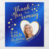 50e verjaardag foto Royal Blue en Gold Bedankt Wijn Etiket (Enkel label)