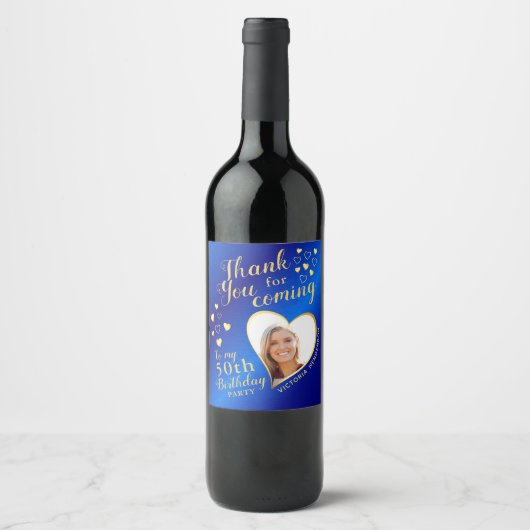 50e verjaardag foto Royal Blue en Gold Bedankt Wijn Etiket (Voorkant)