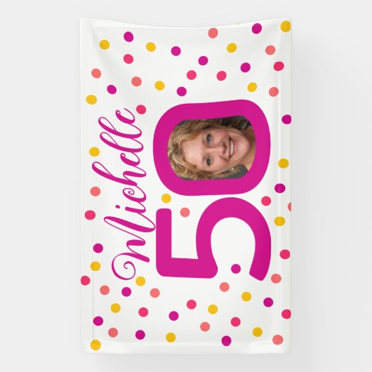 50e verjaardag foto roze gele confetti stippen spandoek (Verticaal)