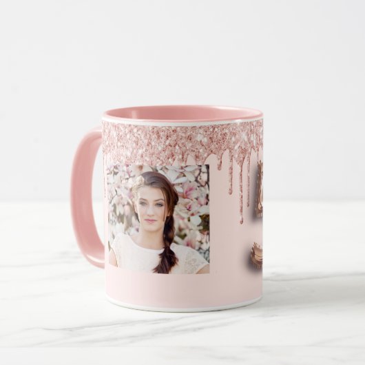 50e verjaardag foto roze roos goud druppels mok (Voorkant links)