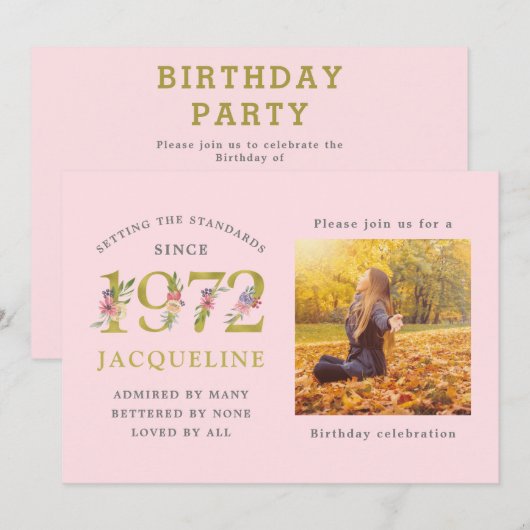 50e verjaardag Foto sjabloon 1972 Roze uitnodiging (Voorkant / Achterkant)