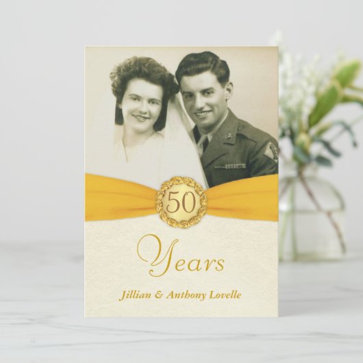 50e verjaardag Foto uitnodigingen -Antieke Damast (Staand voorkant)