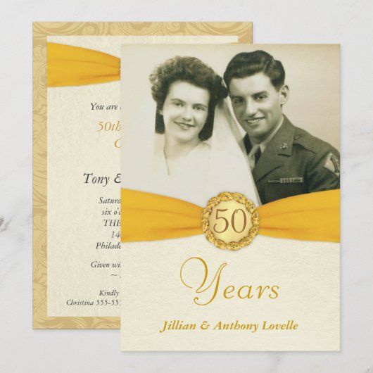 50e verjaardag Foto uitnodigingen -Antieke Damast (Voorkant / Achterkant)