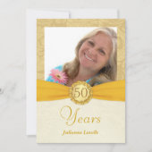 50e verjaardag Foto-uitnodigingen - Gold Damask Kaart (Voorkant)