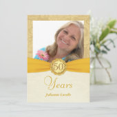 50e verjaardag Foto-uitnodigingen - Gold Damask Kaart (Staand voorkant)